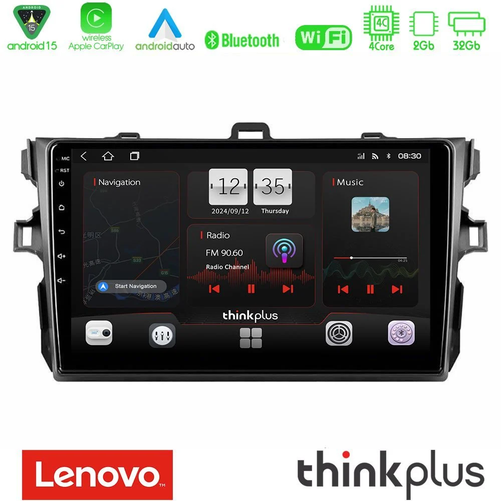 Lenovo Thinkplus Series 4Core Android15 2+32GB Toyota Corolla 2007-2012 Navigation Multimedia Tablet 9" Με Carplay & Android Auto