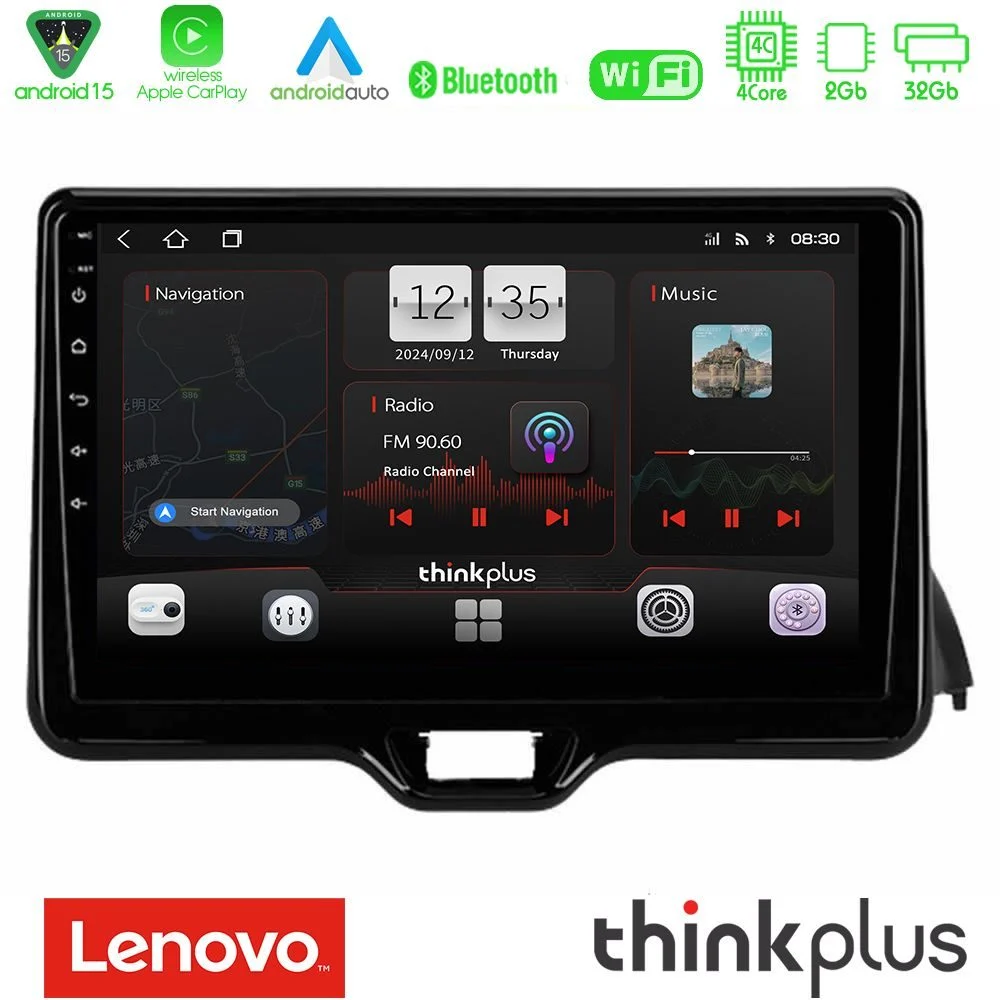 Lenovo Thinkplus Series 4Core Android15 2+32GB Toyota Yaris 2020-> Navigation Multimedia Tablet 9" Με Carplay & Android Auto