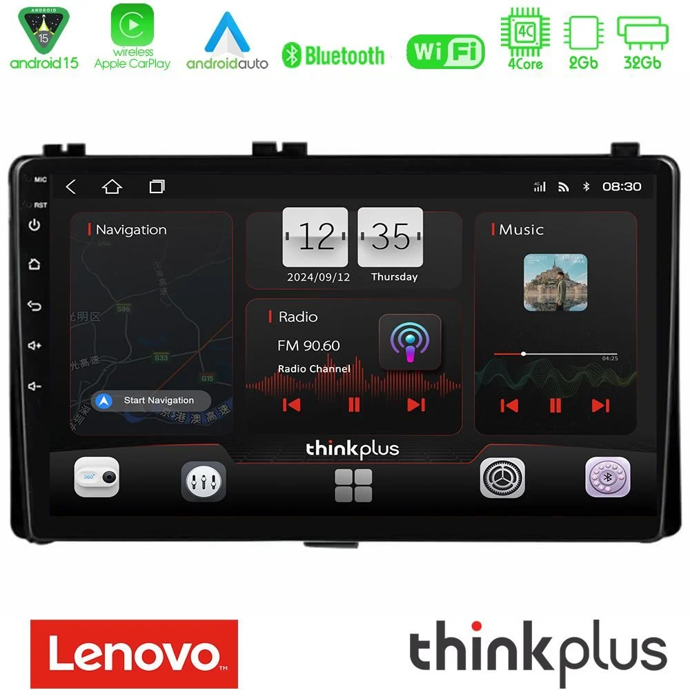 Lenovo Thinkplus Series 4Core Android15 2+32GB Toyota Corolla/Auris 2017-2019 Navigat-ion Multimedia Tablet 9" Με Carplay & Android Auto