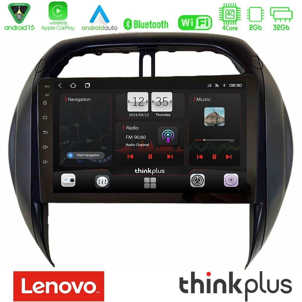 Lenovo Thinkplus Series 4Core Android15 2+32GB Toyota RAV4 2001-2005 (Auto A/C) Navigation Multimedia Tablet 9" Με Carplay & Android Auto