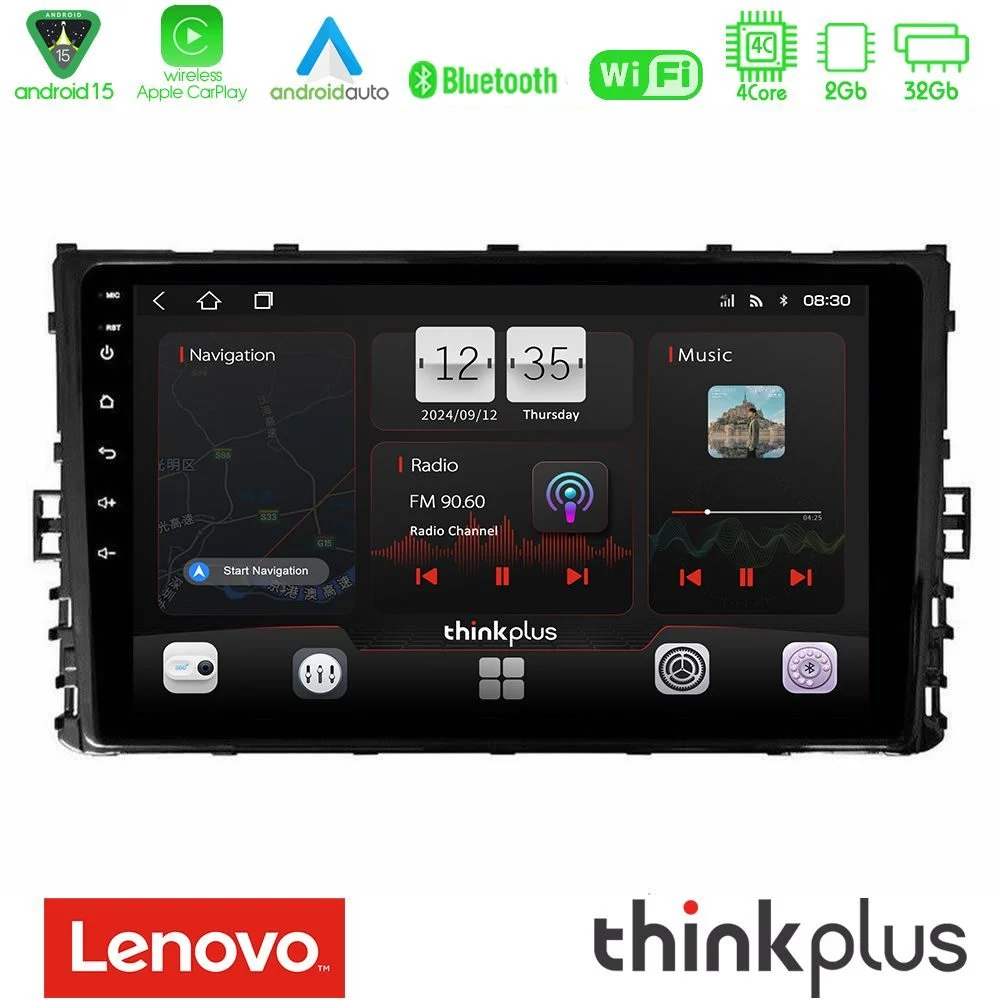 Lenovo Thinkplus Series 4Core Android15 2+32GB VW MQB 2017-> Navigation Multimedia Tablet 9" Με Carplay & Android Auto