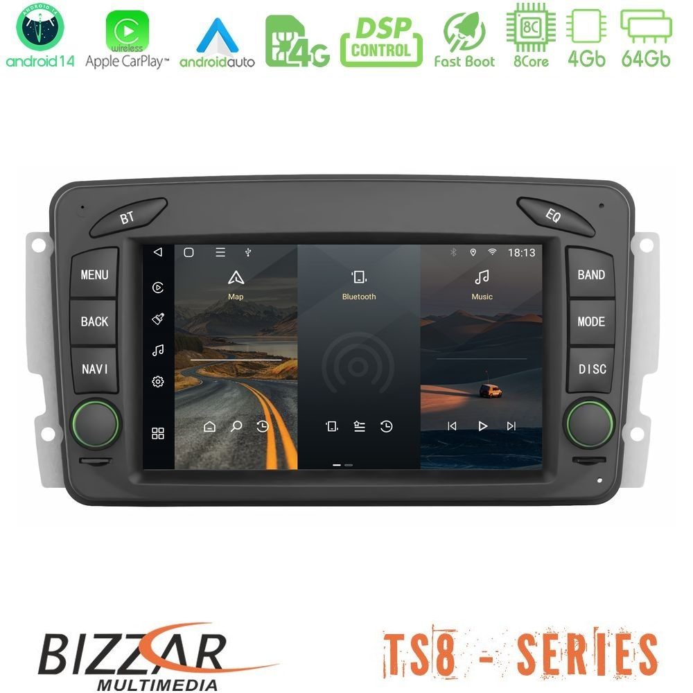 Bizzar OEM Mercedes C Class/CLK Class (W203/W209) 8core Android14 4+64GB Navigation Multimedia Deckless 7" με Carplay/AndroidAuto (OEM Style)