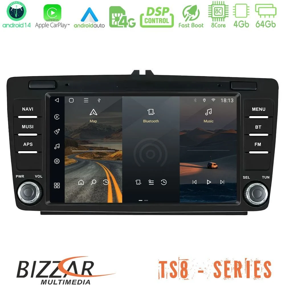 Bizzar Skoda Octavia 5 8core Android14 4+64GB Navigation Multimedia Deckless 8" με Carplay/AndroidAuto (OEM Style)