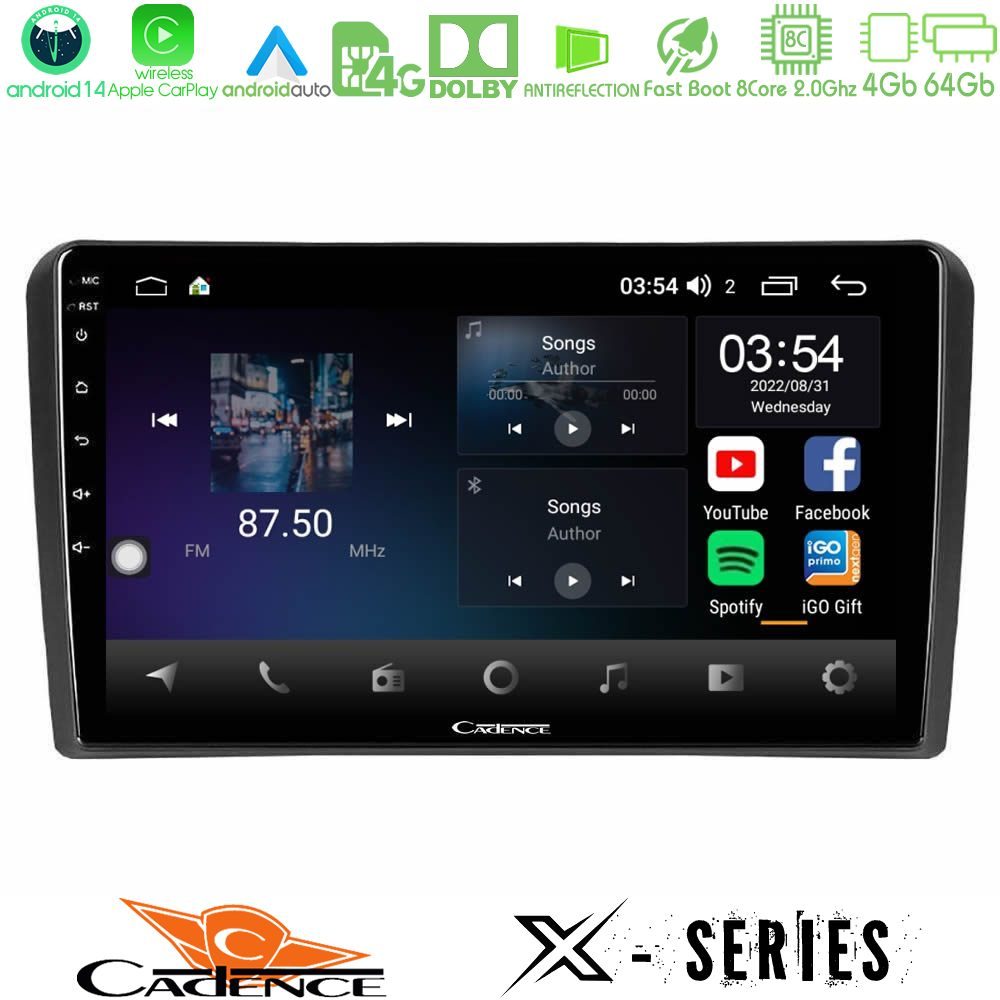 Cadence X Series Audi A3 8P 8core Android 14 4+64GB Navigation Multimedia Tablet 9"