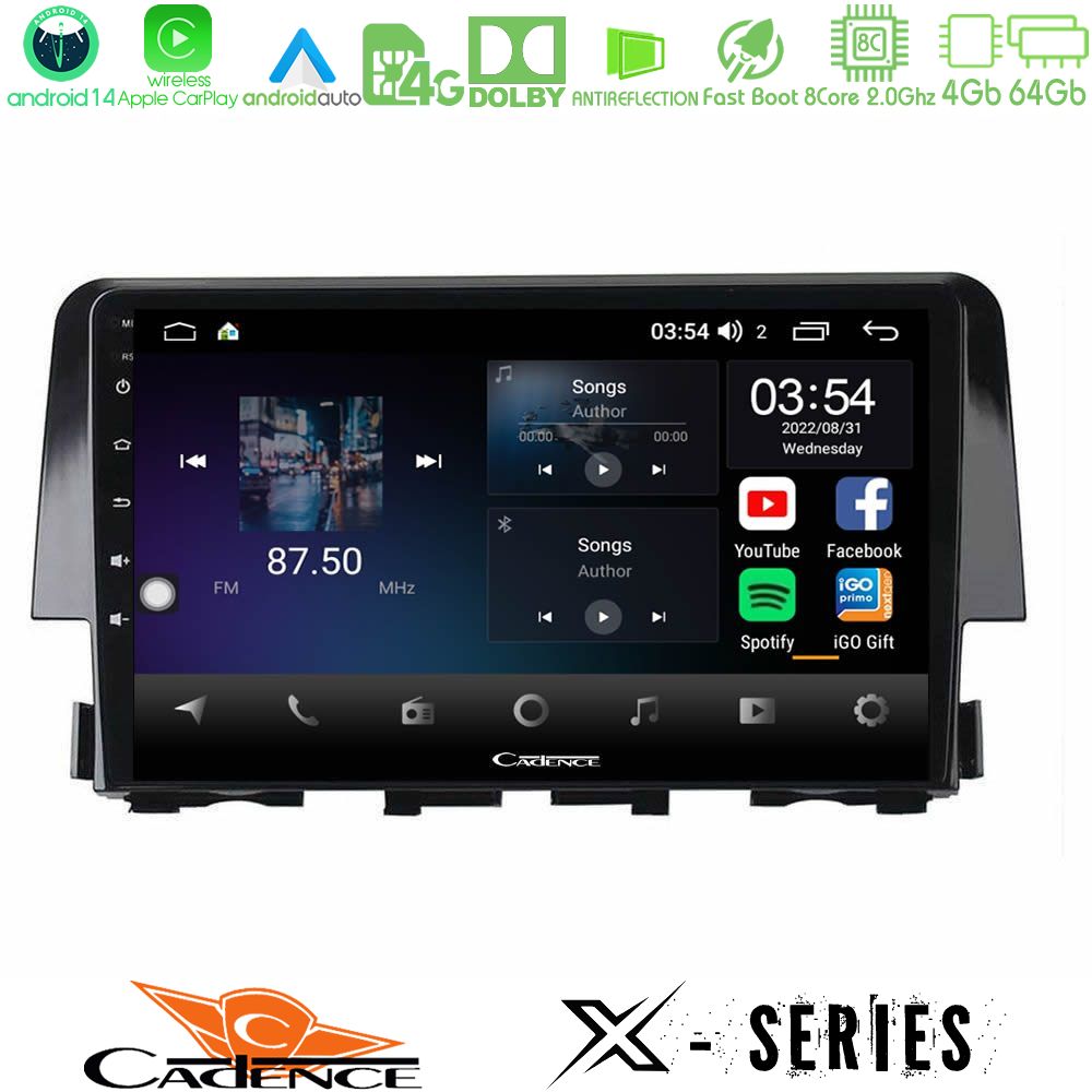 Cadence X Series Honda Civic 2016-2020 8core Android 14 4+64GB Navigation Multimedia 9"