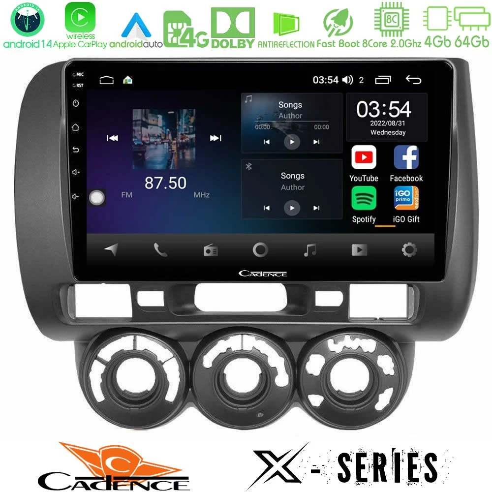 Cadence X Series Honda Jazz 2002-2008 (Manual A/C) 8core Android 14 4+64GB Navigation Multimedia Tablet 9"