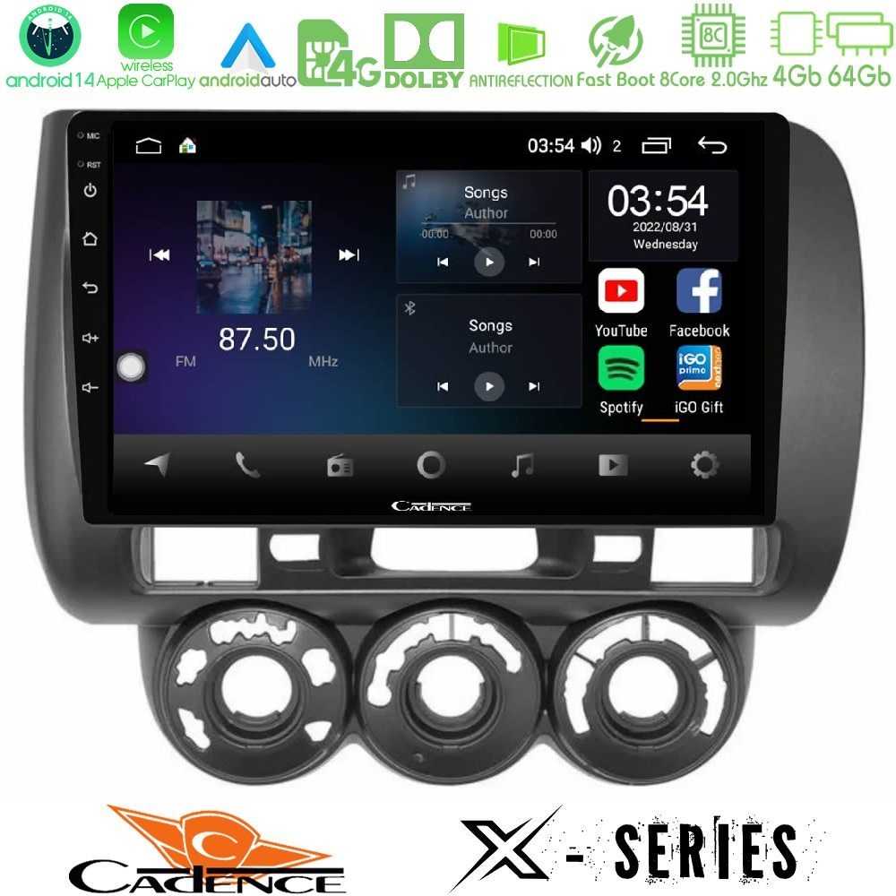 Cadence X Series Honda Jazz (Fit) 2002-2008 (RHD) Manual A/C 8core Android 14 4+64GB Navigation Multimedia Tablet 9"