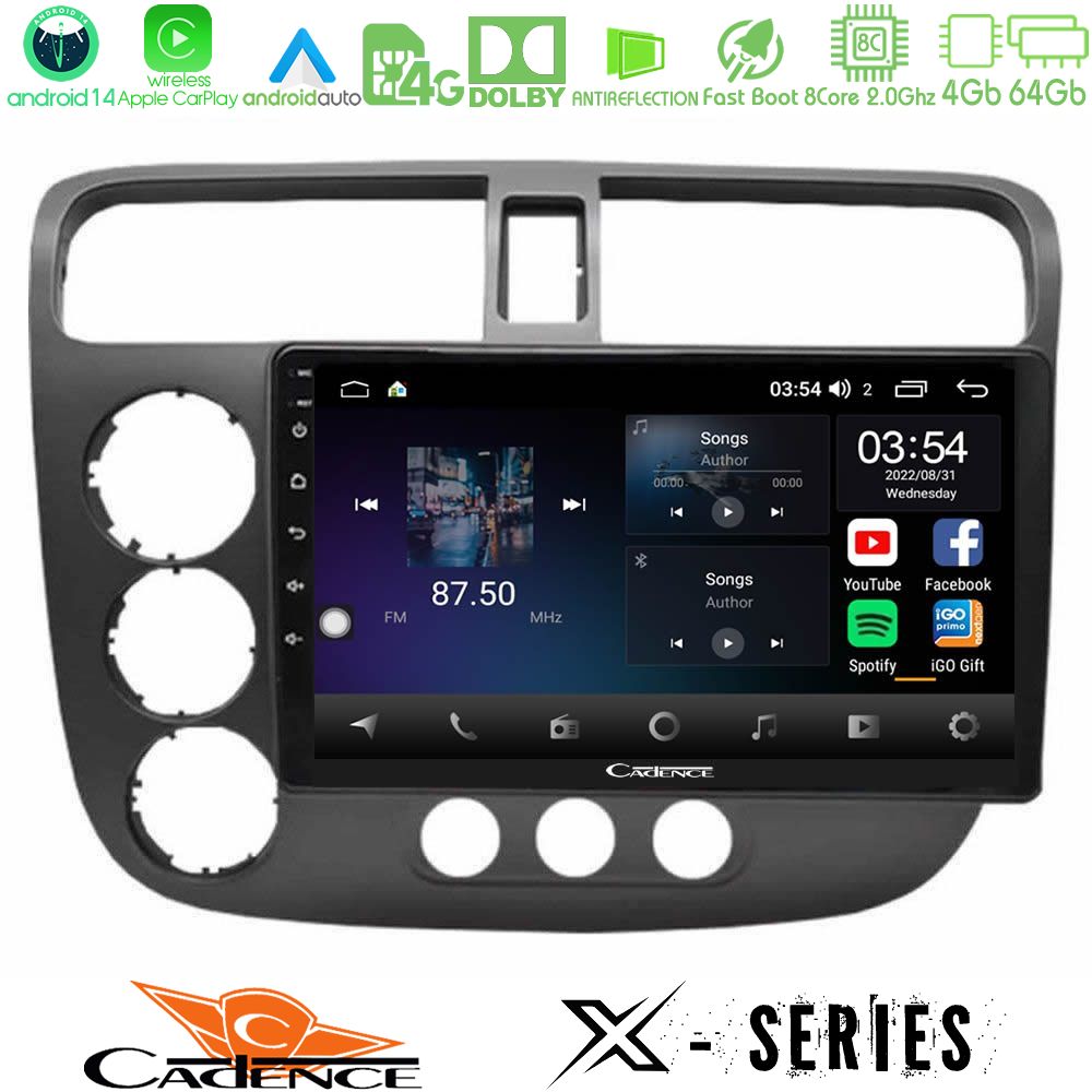 Cadence X Series Honda Civic 2001-2005 8core Android 14 4+64GB Navigation Multimedia Tablet 9"