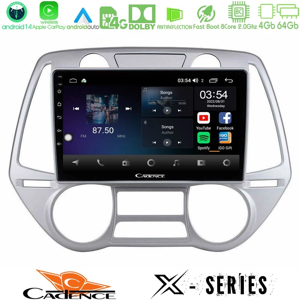 Cadence X Series Hyundai i20 2009-2012 Auto A/C 8core Android 14 4+64GB Navigation Multimedia Tablet 9"