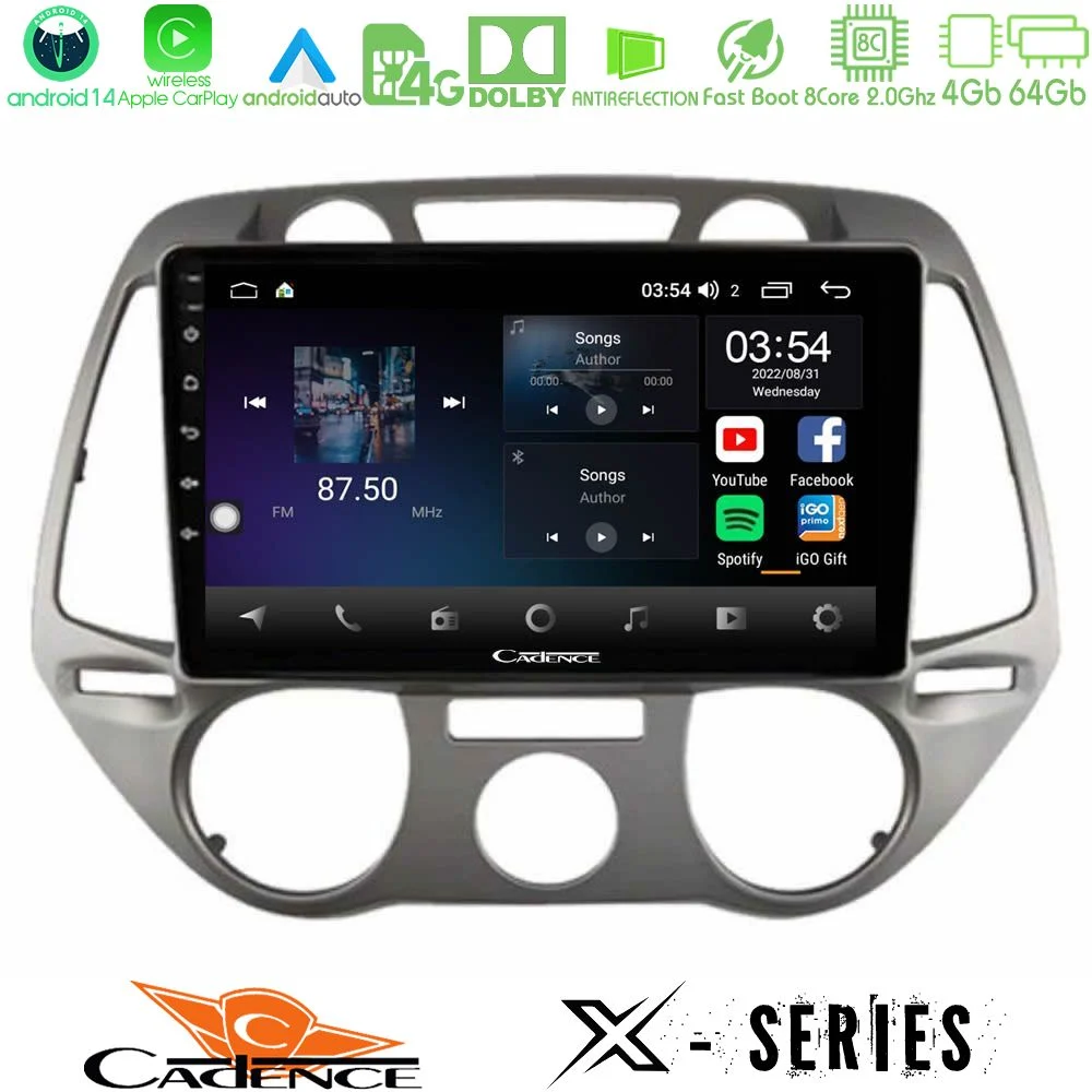 Cadence X Series Hyundai i20 2009-2012 Manual A/C 8core Android 14 4+64GB Navigation Multimedia Tablet 9"