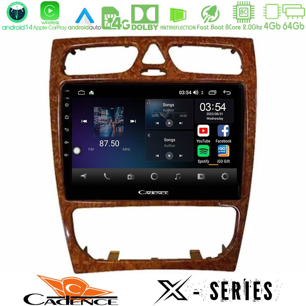 Cadence X Series Mercedes C Class (W203) 8core Android 14 4+64GB Navigation Multimedia 9" (Wooden Style)