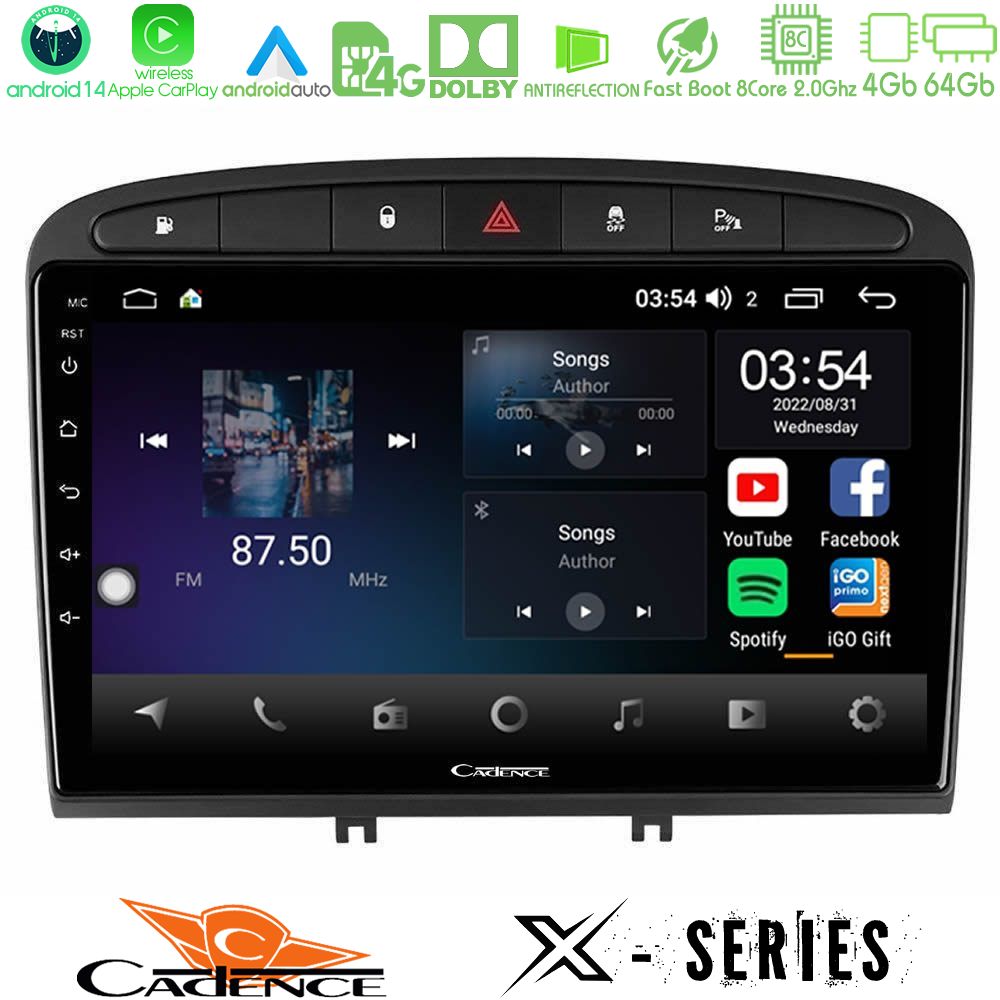 Cadence X Series Peugeot 308/RCZ 8core Android 14 4+64GB Navigation Multimedia Tablet 9"