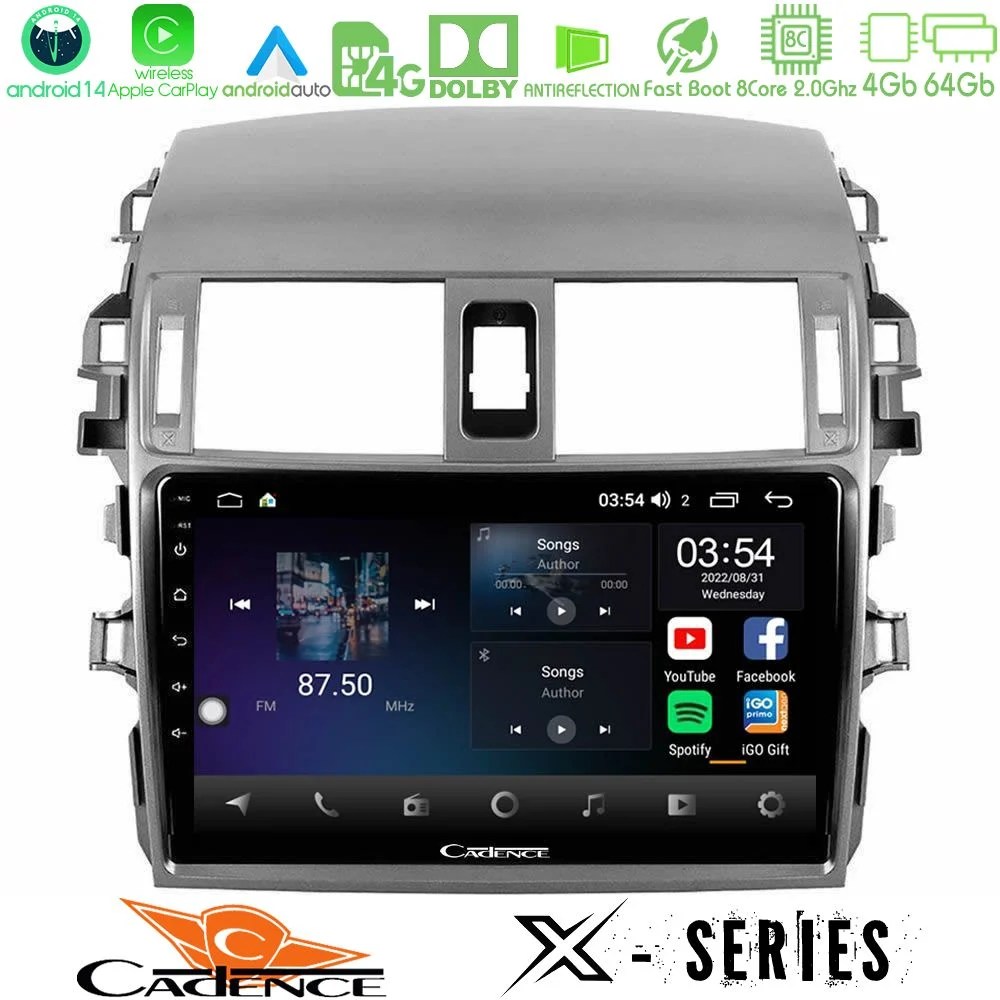 Cadence X Series Toyota Corolla 2008-2010 8core Android 14 4+64GB Navigation Multimedia Tablet 9"