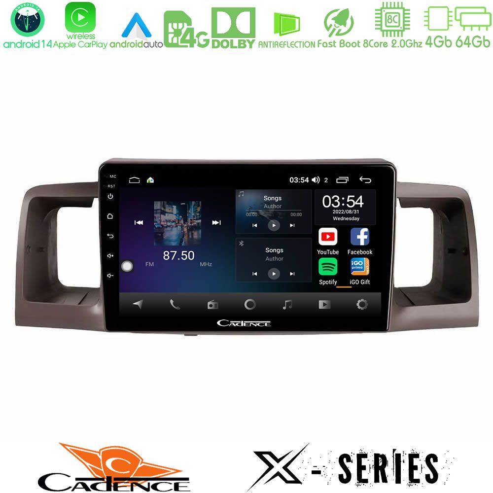 Cadence X Series Toyota Corolla 2002-2006 8Core Android 14 4+64GB Navigation Multimedia Tablet 9"