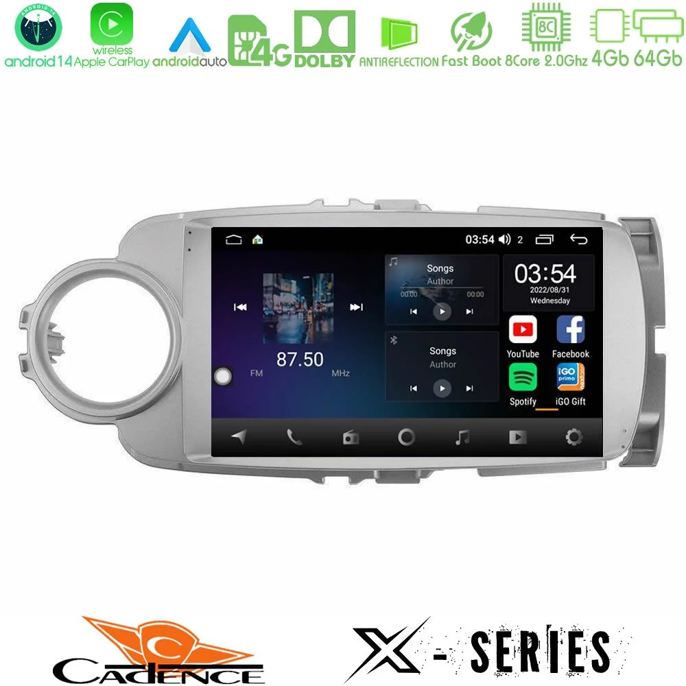 Cadence X Series Toyota Yaris 8core Android 14 4+64GB Navigation Multimedia Tablet 9"