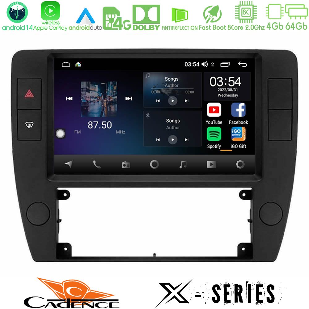 Cadence X Series VW Passat B5 2001-2005 8core Android 14 4+64GB Navigation Multimedia Tablet 9"