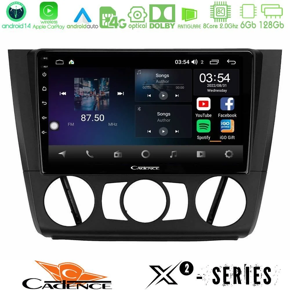 Cadence X2 Series 8Core Android14 6+128GB  BMW 1Series  E81/E82/E87/E88 (MANUAL A/C) Navigation Multimedia Tablet 9"