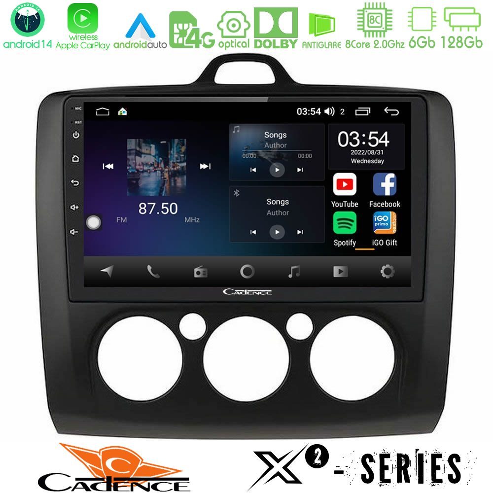 Cadence X2 Series 8Core Android14 6+128GB Ford Focus Manual AC Navigation Multimedia Tablet 9" (Μαύρο Χρώμα)