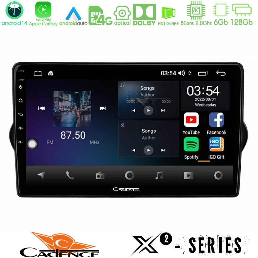 Cadence X2 Series 8Core Android14 6+128GB Fiat Tipo 2015-2022 (Sedan) Navigation Multimedia Tablet 9"