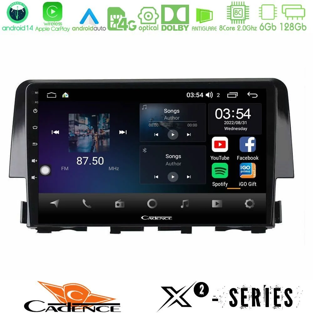 Cadence X2 Series 8Core Android14 6+128GB  Honda Civic 2016-2020 Navigation Multimedia Tablet 9"