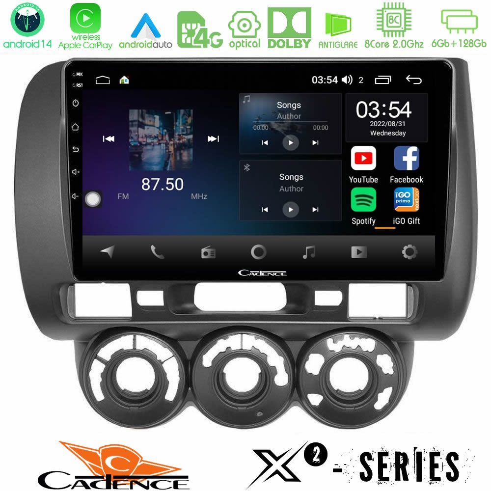 Cadence X2 Series 8Core Android14 6+128GB  Honda Jazz 2002-2008 (Manual A/C) Navigation Multimedia Tablet 9"