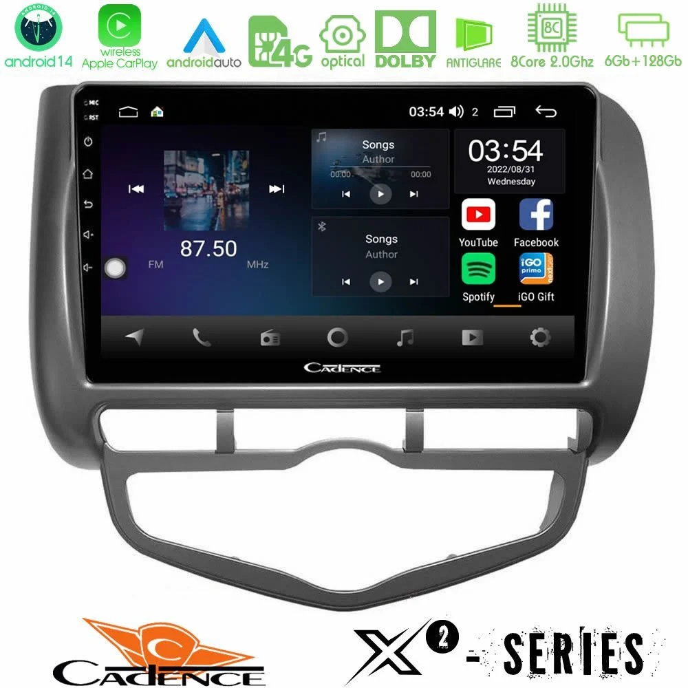 Cadence X2 Series 8Core Android14 6+128GB  Honda Jazz 2002-2008 (Auto A/C) Navigation Multimedia Tablet 9"