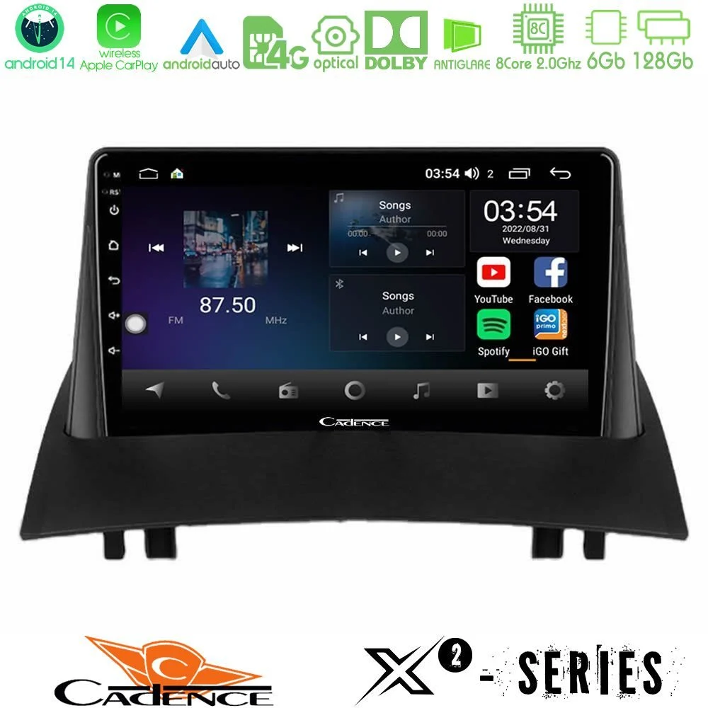 Cadence X2 Series 8Core Android14 6+128GB Renault Megane 2 2002-2008 Navigation Multimedia Tablet 9"