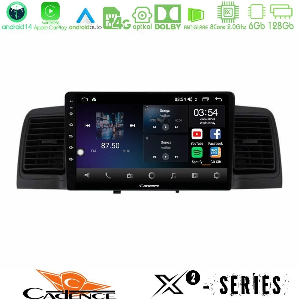 Cadence X2 Series 8Core Android14 6+128GB Toyota Corolla 2002-2006 Navigation Multimedia Tablet 9" (Black)