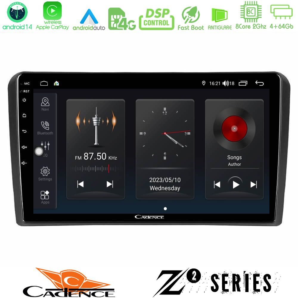 Cadence Z2 Series 8Core Android14 4+64GB Audi A3 8P Navigation Multimedia Tablet 9" Με Carplay & Android Auto