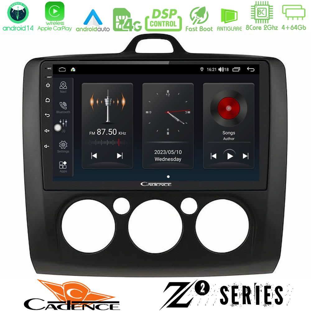 Cadence Z2 Series 8Core Android14 4+64GB  Ford Focus Manual AC Navigation Multimedia Tablet 9" (Μαύρο Χρώμα) Με Carplay & Android Auto