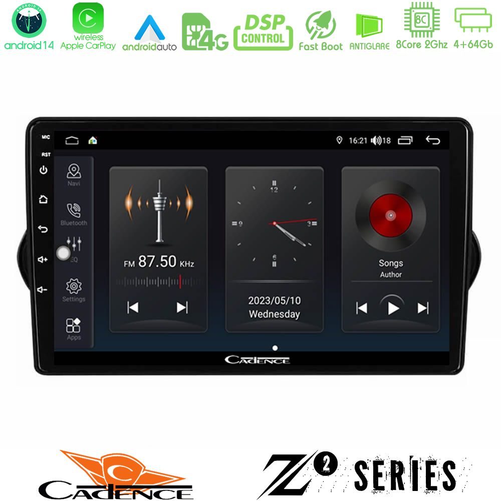 Cadence Z2 Series 8Core Android14 4+64GB Fiat Tipo 2015-2022 (Sedan) Navigation Multimedia Tablet 9" Με Carplay & Android Auto