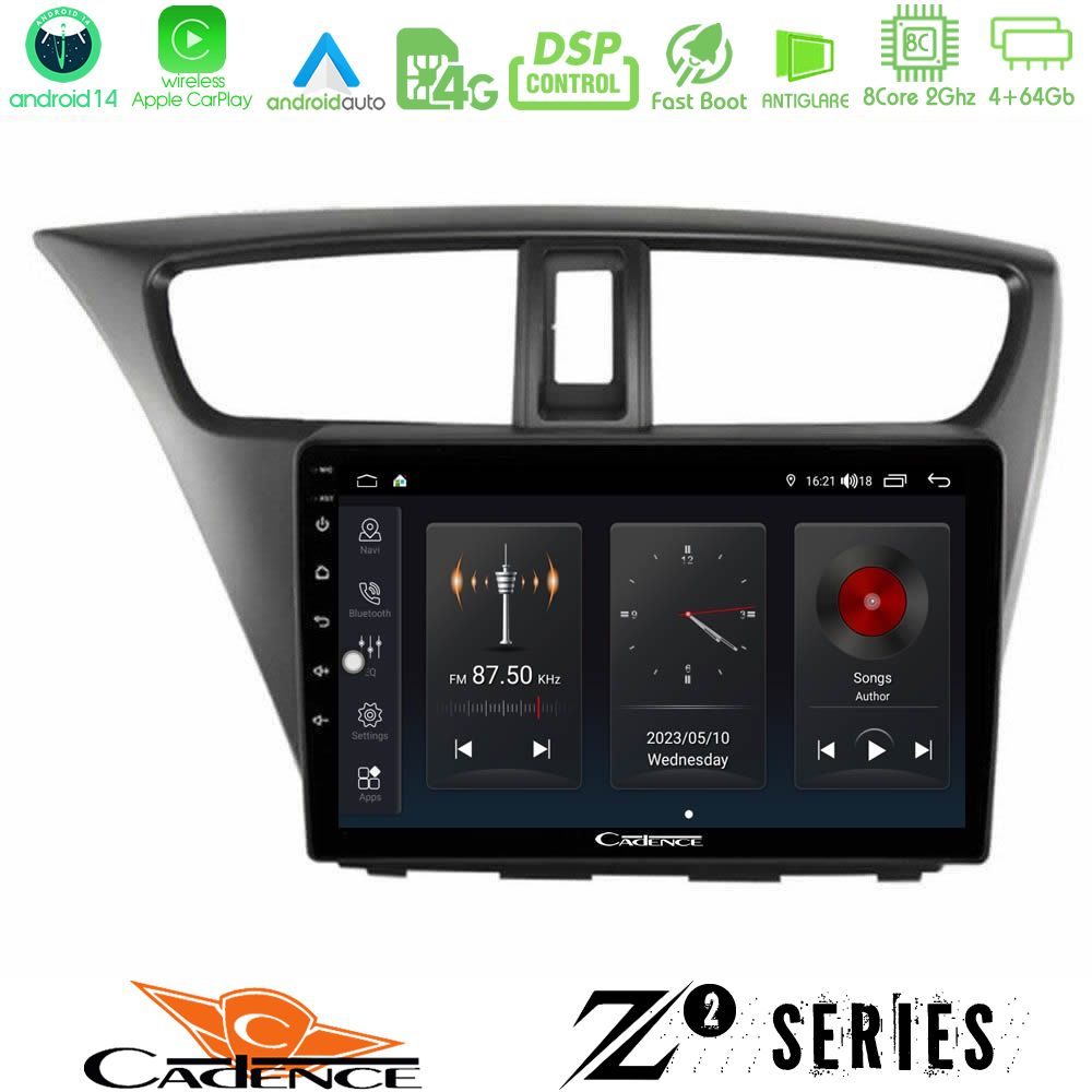 Cadence Z2 Series 8Core Android14 4+64GB  Honda Civic Hatchback 2012-2015 Navigation Multimedia Tablet 9" Με Carplay & Android Auto