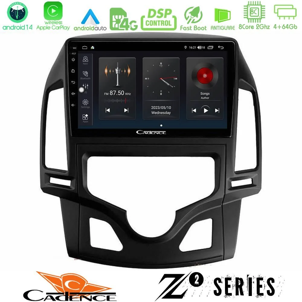 Cadence Z2 Series 8Core Android14 4+64GB Hyundai i30 2007-2012 Auto A/C Navigation Multimedia Tablet 9" Με Carplay & Android Auto