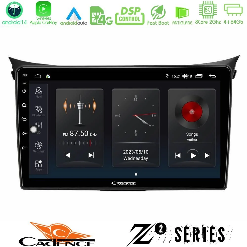 Cadence Z2 Series 8Core Android14 4+64GB Hyundai i30 2012-2017 Navigation Multimedia Tablet 9" Με Carplay & Android Auto