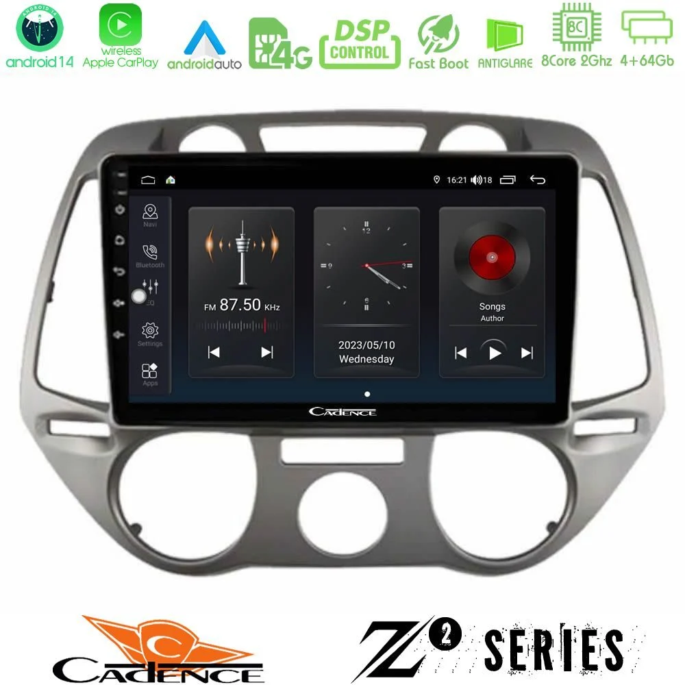 Cadence Z2 Series 8Core Android14 4+64GB  Hyundai i20 2009-2012 Manual A/C Navigation Multimedia Tablet 9" Με Carplay & Android Auto