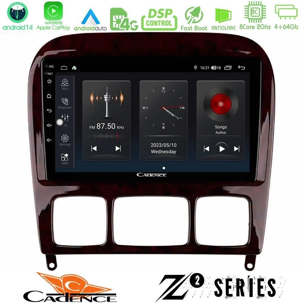 Cadence Z2 Series 8Core Android14 4+64GB Mercedes S Class 1999-2004 (W220) Navigation Multimedia Tablet 9" Με Carplay & Android Auto