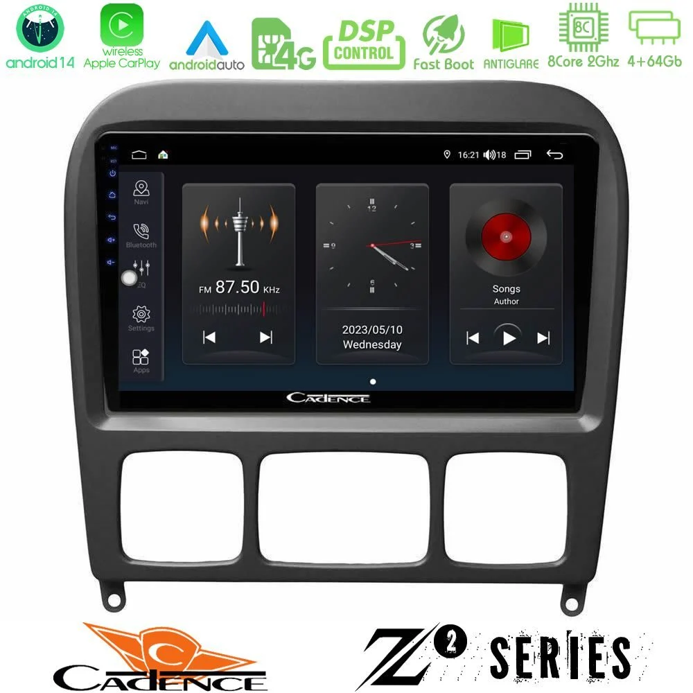 Cadence Z2 Series 8Core Android14 4+64GB Mercedes S Class 1999-2004 (W220) Navigation Multimedia Tablet 9" Με Carplay & Android Auto
