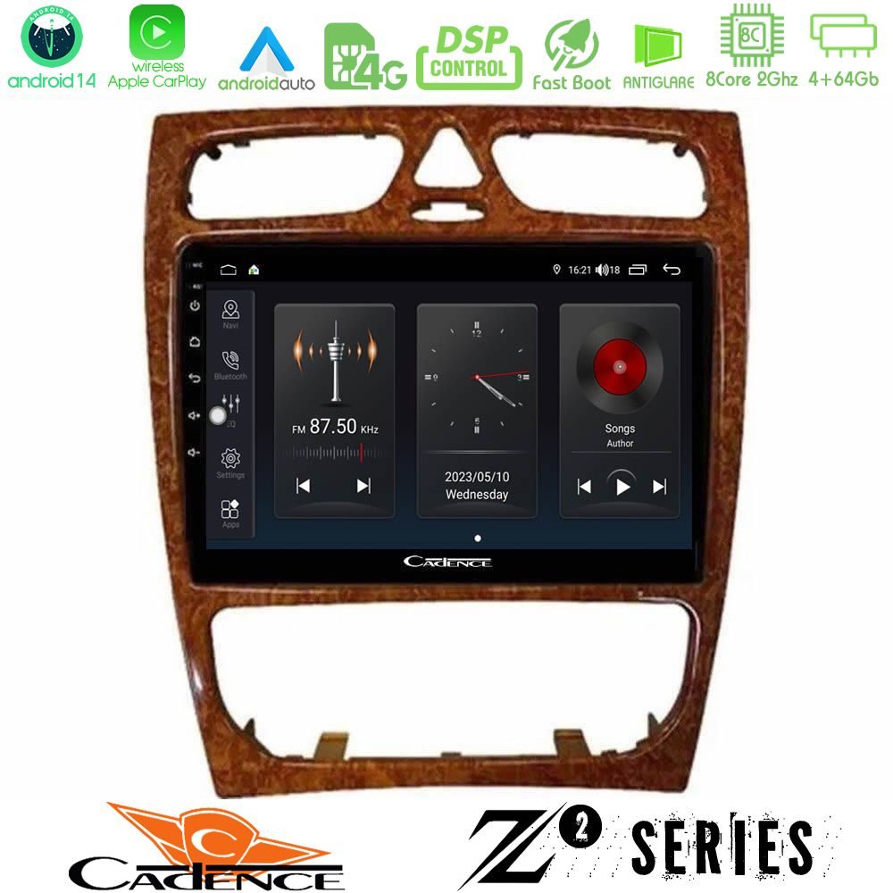 Cadence Z2 Series 8Core Android14 4+64GB  Mercedes C Class (W203) Navigation Multimedia Tablet 9" (Wooden Style) Με Carplay & Android Auto