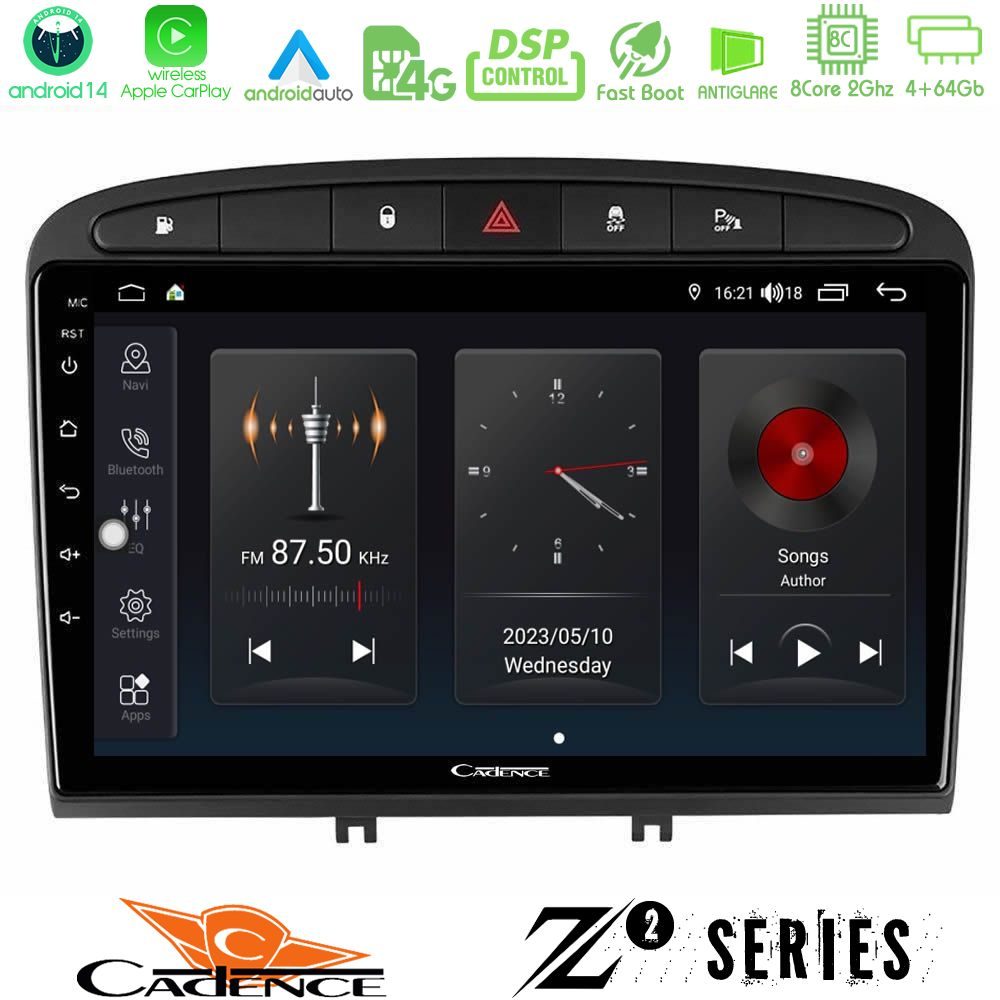Cadence Z2 Series 8Core Android14 4+64GB Peugeot 308/RCZ Navigation Multimedia Tablet 9" Με Carplay & Android Auto