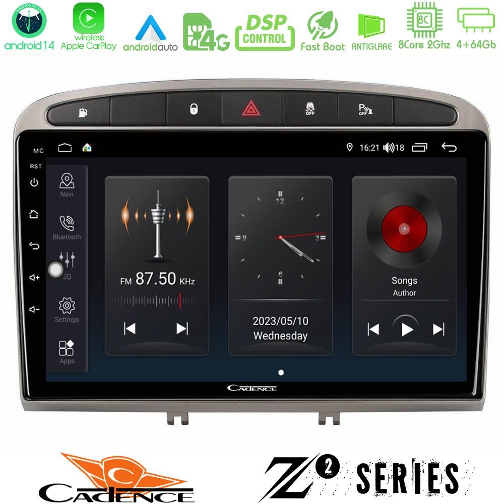 Cadence Z2 Series 8Core Android14 4+64GB Peugeot 308/RCZ Navigation Multimedia Tablet 9" (Ασημί Χρώμα) Με Carplay & Android Auto