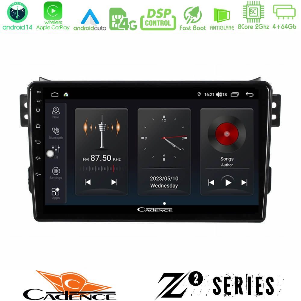 Cadence Z2 Series 8Core Android14 4+64GB  Suzuki Splash & Opel Agila 2008-2014 Navigation Multimedia Tablet 9" Με Carplay & Android Auto