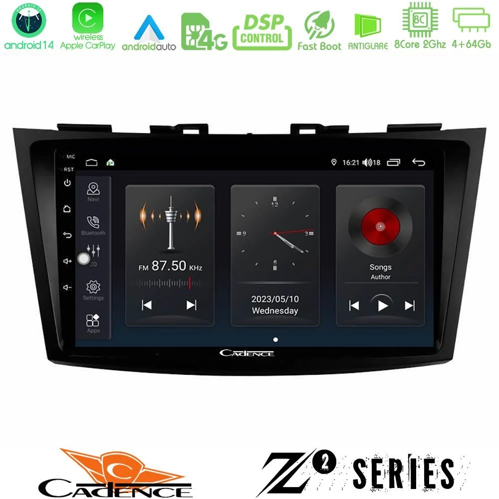 Cadence Z2 Series 8Core Android14 4+64GB Suzuki Swift 2011-2016 Navigation Multimedia Tablet 9" Με Carplay & Android Auto