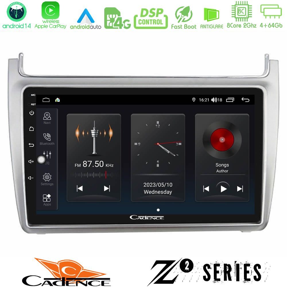 Cadence Z2 Series 8Core Android14 4+64GB  Vw Polo 2014-2017 Navigation Multimedia Tablet 9" Με Carplay & Android Auto (Silver)