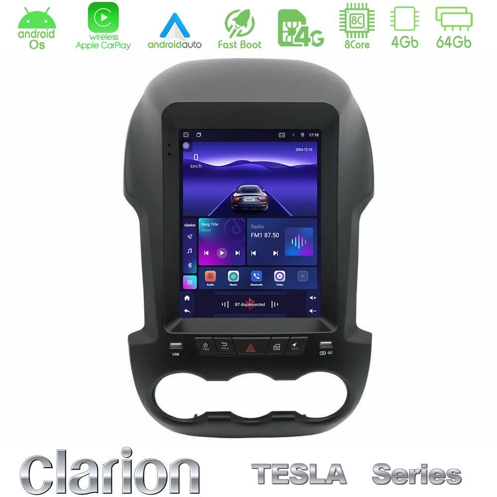 Clarion GL300 Tesla Series Android OS 8Core 4+64GB Ford Ranger 2012-2016 Navigation Multimedia Tablet 9.7"