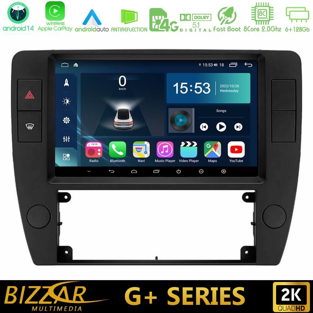 Bizzar G+ Series VW Passat B5 2001-2005 8core Android14 6+128GB Navigation Multimedia Tablet 9"