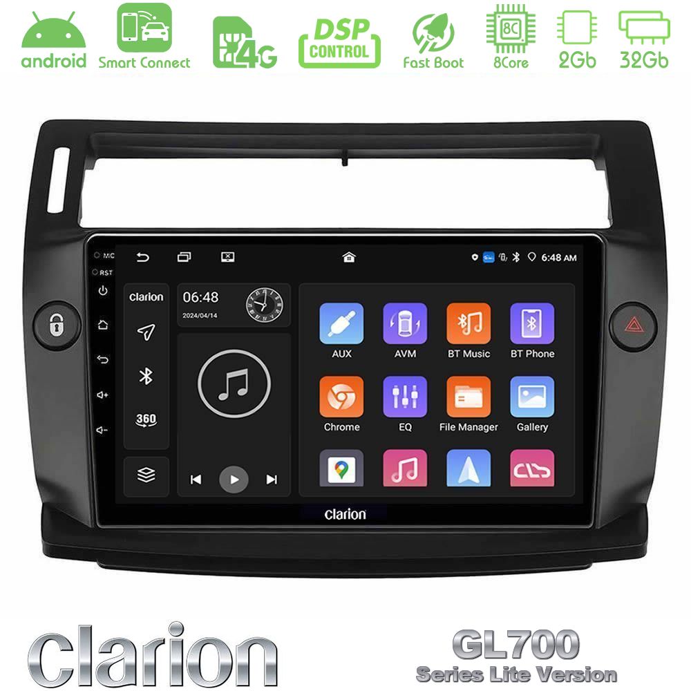 Clarion GL700 Lite Series 8Core Android ClarionOS 2+32GB Citroen C4 2004-2010 Navigation Multimedia Tablet 9" (μαύρο χρώμα) Με Carplay & Android Auto