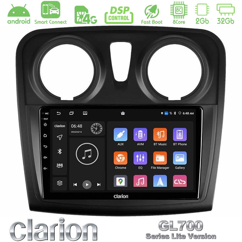 Clarion GL700 Lite Series 8Core Android ClarionOS 2+32GB Dacia Sandero 2014-2020 Navigation Multimedia Tablet 9" Με Carplay & Android Auto