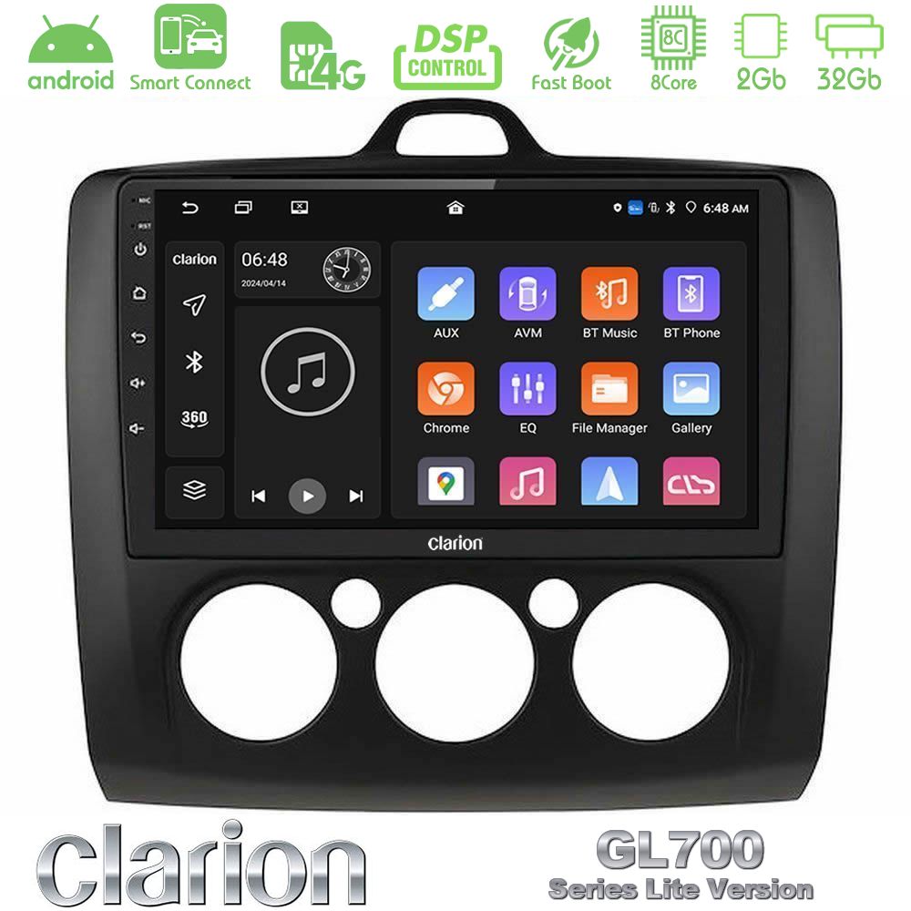 Clarion GL700 Lite Series 8Core Android ClarionOS 2+32GB Ford Focus Manual AC Navigation Multimedia Tablet 9" (Μαύρο Χρώμα) Με Carplay & Android Auto
