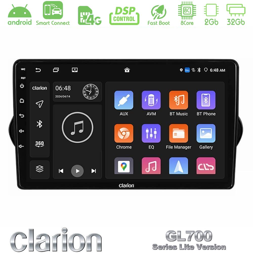 Clarion GL700 Lite Series 8Core Android ClarionOS 2+32GB Fiat Tipo 2015-2022 (Hatchback) Navigation Multimedia Tablet 9" Με Carplay & Android Auto