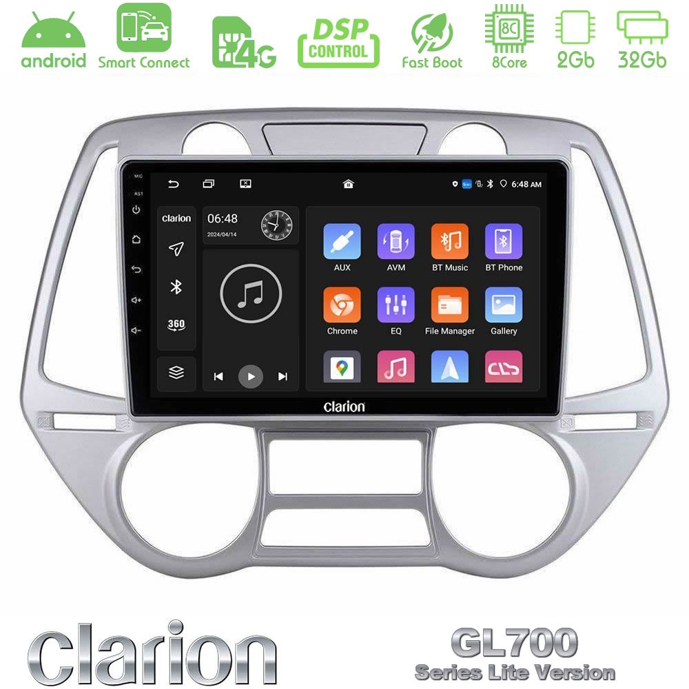 Clarion GL700 Lite Series 8Core Android ClarionOS 2+32GB Hyundai i20 2009-2012 Auto A/C Navigation Multimedia Tablet 9" Με Carplay & Android Auto
